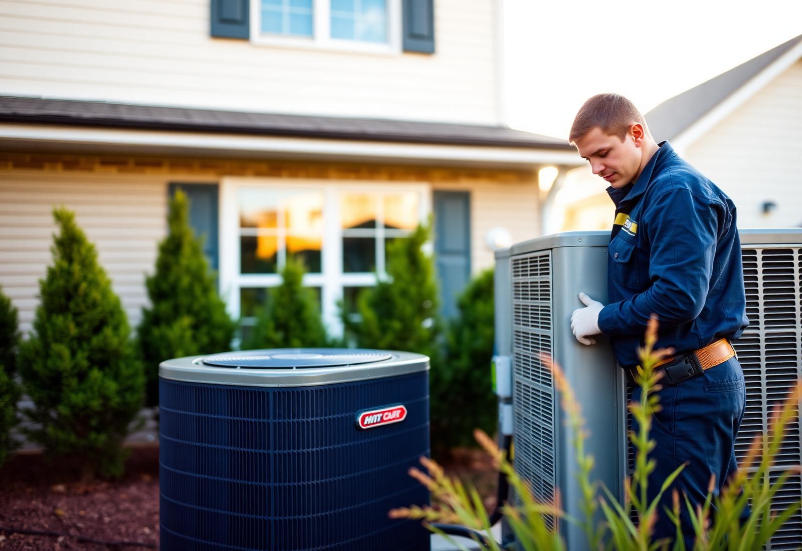 HVAC technician servicing an outdoor air conditioner beside a Georgia home